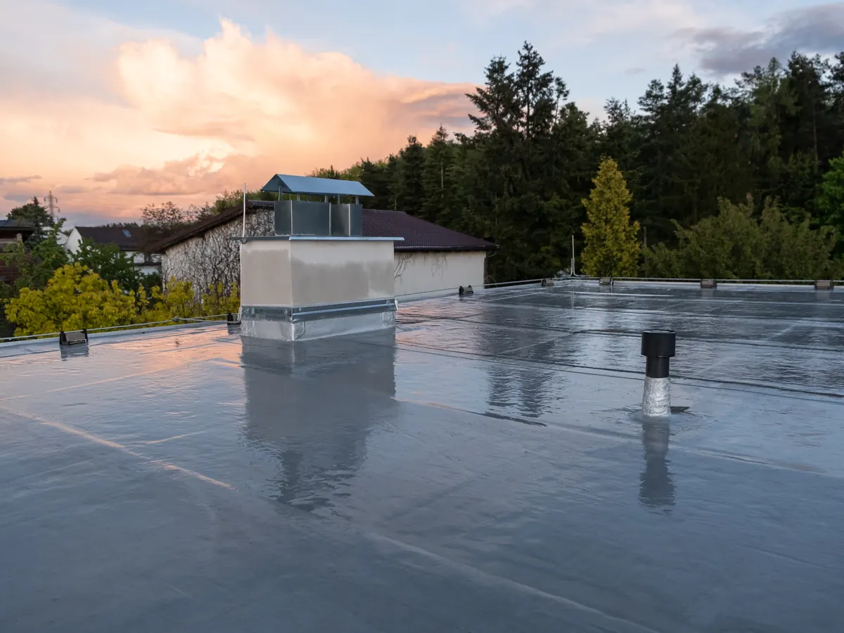 Close view of flat roofs work in progress